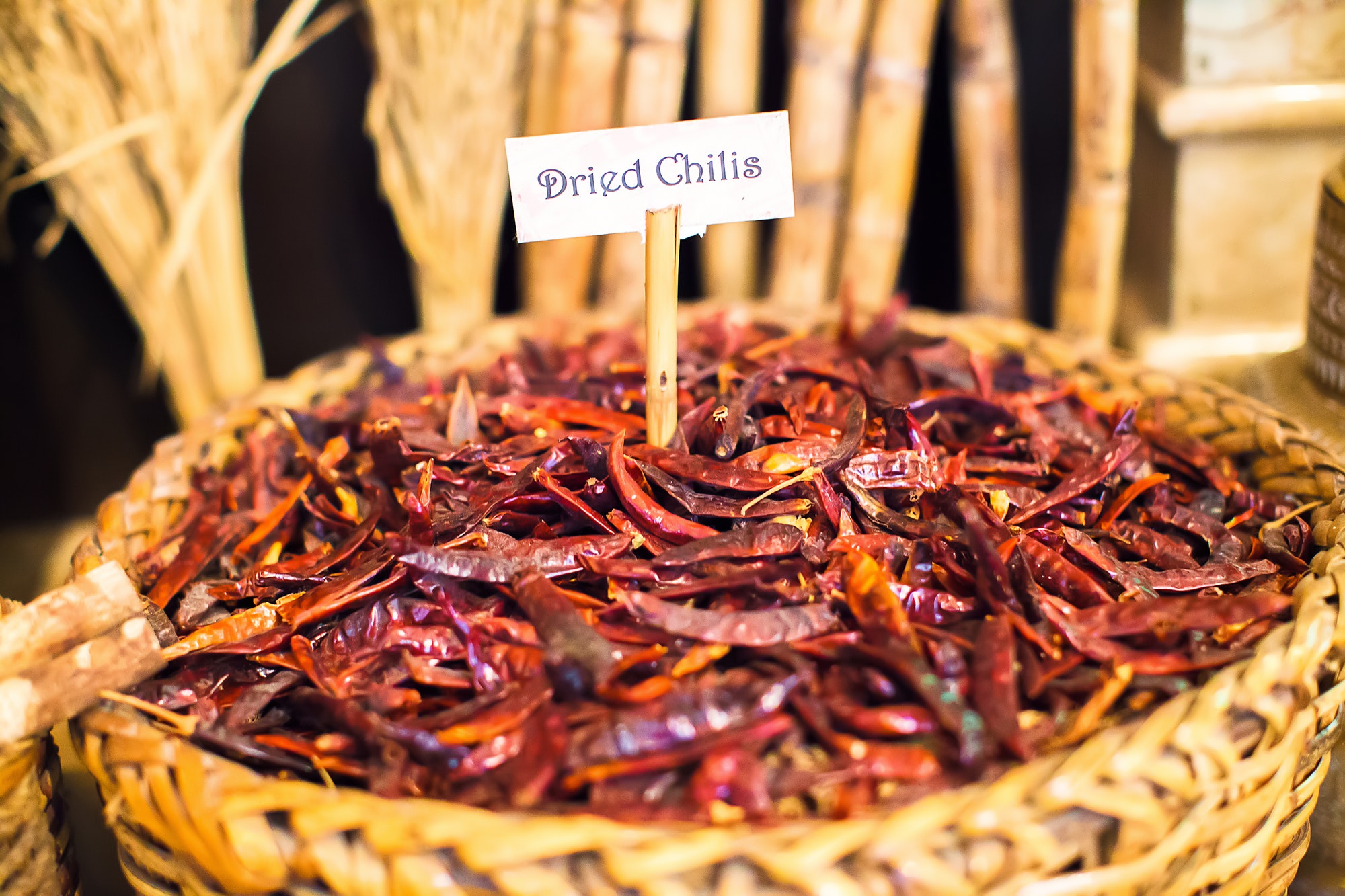 Dried chilis in a large basket